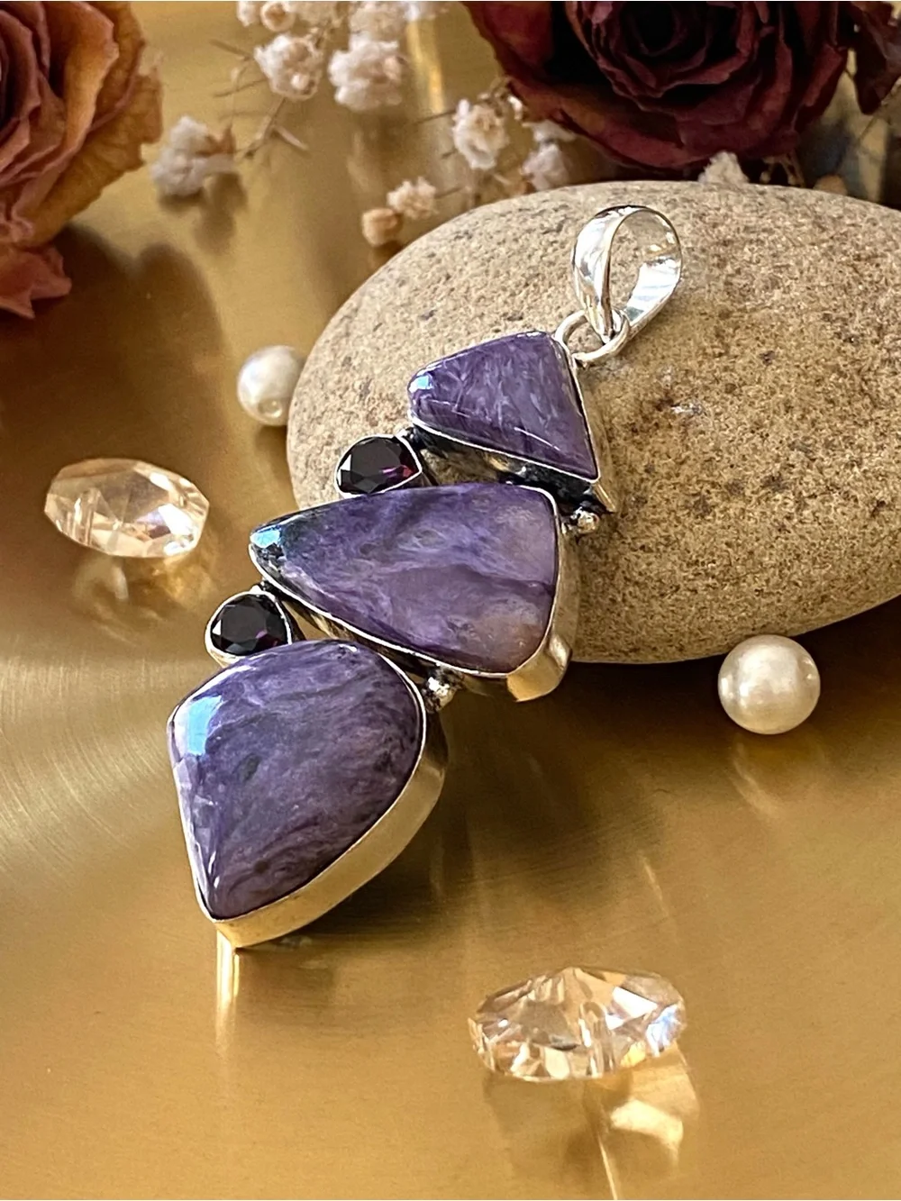 Russian Charoite And Amethyst Hand Crafted Pendant